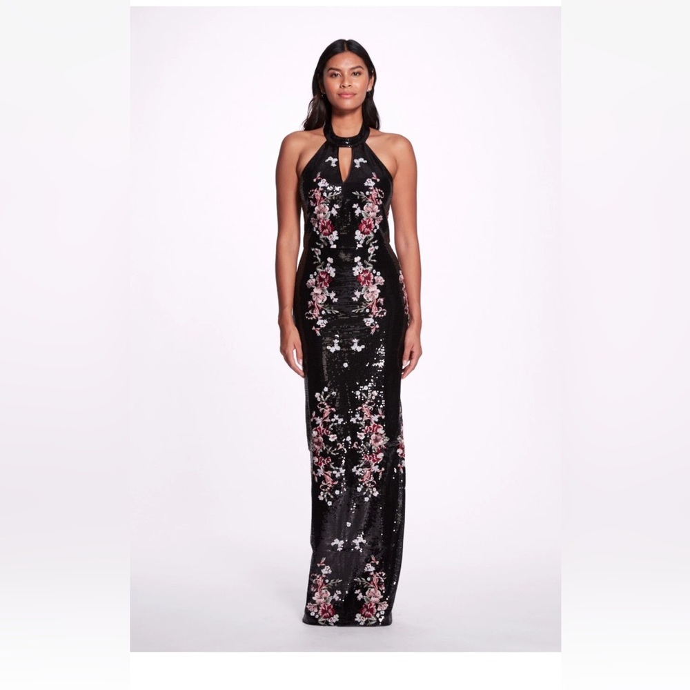 Marchesa Notte HALTER SHIMMER GOWN -black multi